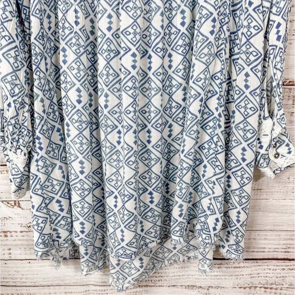 Free People Women's Geometric Long Sleeve Boho Mini Dress White Blue Small